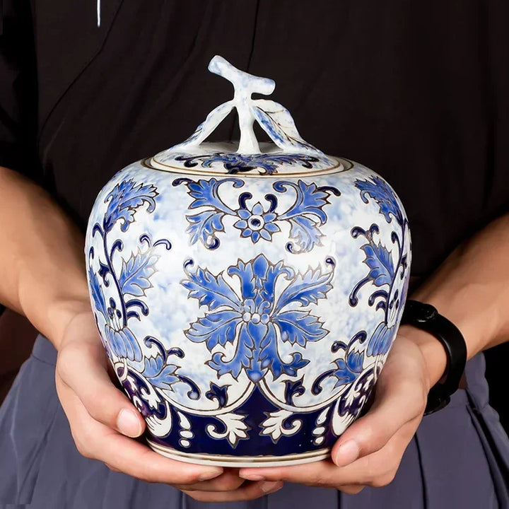 Tanque de armazenamento estilo chinês, azul e branco, porcelana retrô com tampa