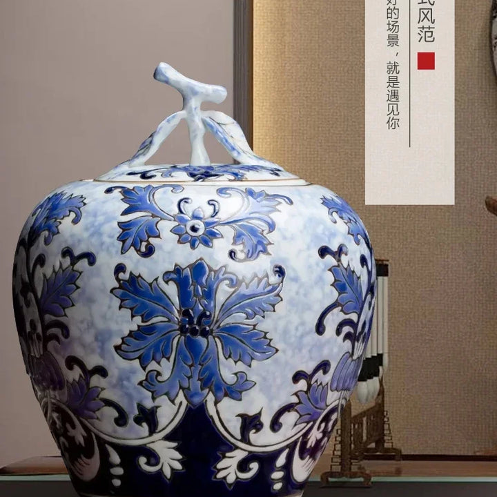 Tanque de armazenamento estilo chinês, azul e branco, porcelana retrô com tampa