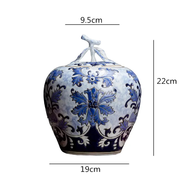 Tanque de armazenamento estilo chinês, azul e branco, porcelana retrô com tampa