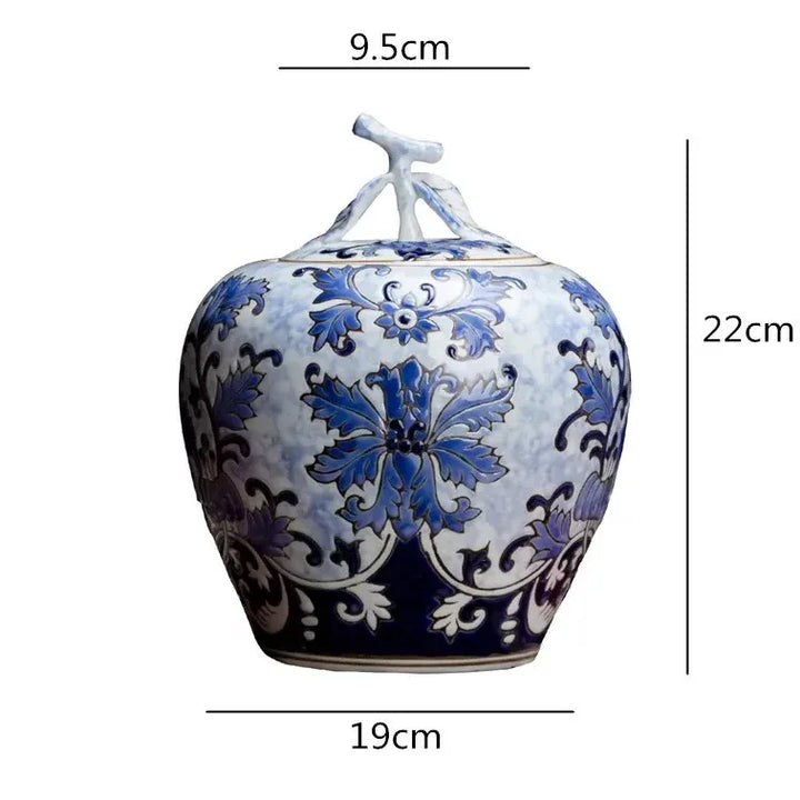 Tanque de armazenamento estilo chinês, azul e branco, porcelana retrô com tampa