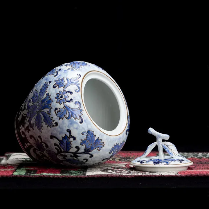 Tanque de armazenamento estilo chinês, azul e branco, porcelana retrô com tampa