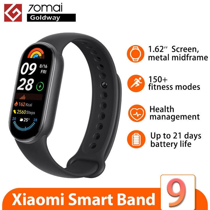 Global Version Xiaomi Mi Band 9 Heart Rate Blood Oxygen Monitoring 1.62" AMOLED Touch Display 150+ Fitness Modes 233mAh Battery