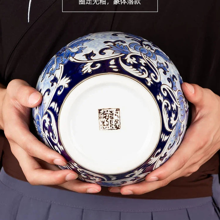 Tanque de armazenamento estilo chinês, azul e branco, porcelana retrô com tampa