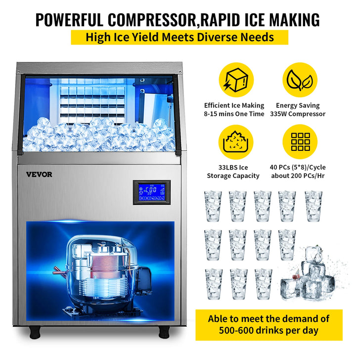 VEVOR Commercial Cube Ice Maker with Water Drain Pump 40/50/60/70 KG/24H