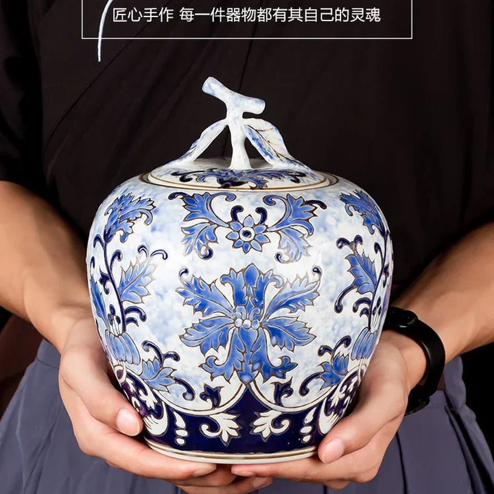 Tanque de armazenamento estilo chinês, azul e branco, porcelana retrô com tampa