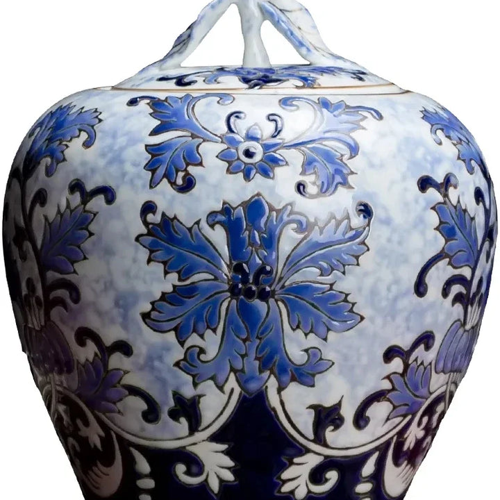 Tanque de armazenamento estilo chinês, azul e branco, porcelana retrô com tampa